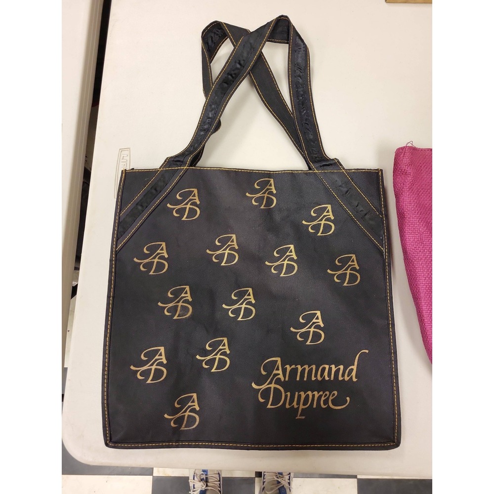 Armand Dupree Tote Bag Black Gold Logo‎ Print Shopper Handbag Purse Carryall